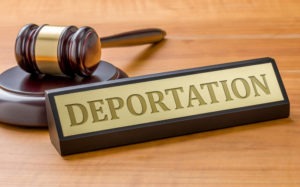 a gavel and a placard that reads deportation