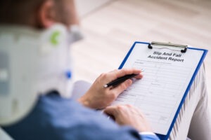 Slip and Fall Accident Lawyer in Compton | Free Consultations 24/7 close-up of an injured man filling out a slip-and-fall accident report