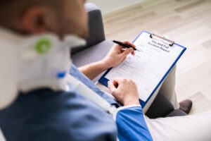 Slip and Fall Accident Lawyer in Gardena | Free Consultations 24/7 a man in a neck brace filling out a slip and fall accident report