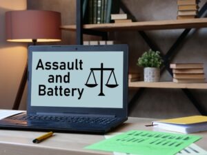 an open laptop with the words "assault and battery" on the screen