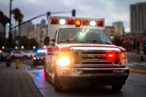 An ambulance sits on the curb. Learn about California Vehicle Code Section 10851(B): Unlawful Taking or Driving of an Emergency Vehicle here.