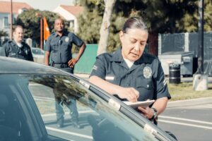 An officer writing a report after stopping a driver and conducting field sobriety tests under California law.